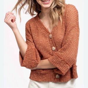 Blu Pepper Pulled Thread V-Neck Terracotta Cardigan Sweater, Womens size Medium